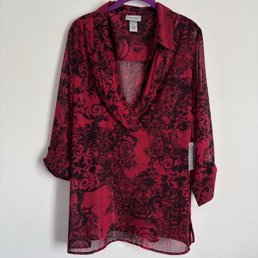 Catherines Women's Sheer Abstract Top Size‎ 0X Red Metallic Stripes Whimsigoth